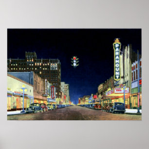 Poster Vue nocturne d'Amarillo Texas Polk Street 1940