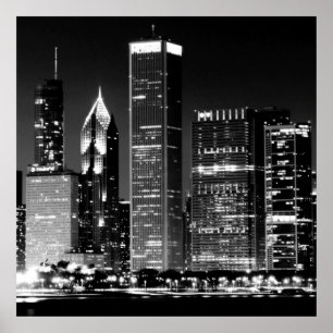 Poster Vue nocturne du célèbre paysage urbain de Chicago