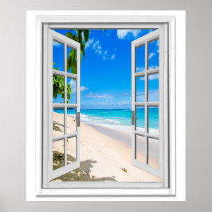 Poster Vue océanique de plage tropicale Fausse fenêtre