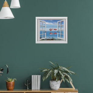 Poster Vue océanique Fausse fenêtre avec flamants sur la