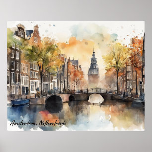 Poster Vue panoramique d'Amsterdam Pays-Bas Watercolor