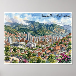 Poster Vue panoramique de Medellín, Colombie, art aquarel