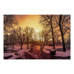 Poster Vue panoramique du parc enneigé au coucher du sole