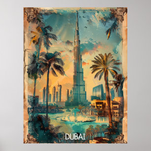 Poster Vue panoramique vintage de Dubaï et Burj Khalifa