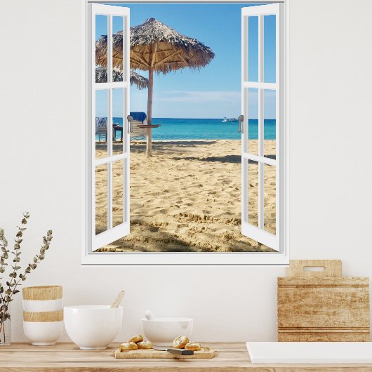 Poster Vue Plage De Sable Et Fenêtre Mer (Cuisine)