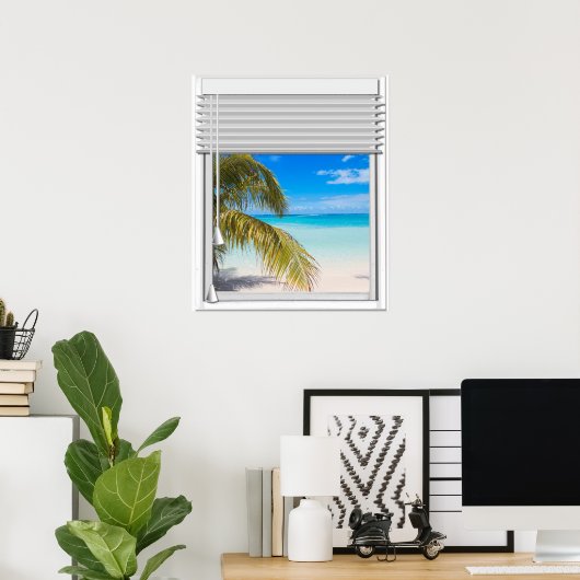 Poster Vue Plage Fenêtre Artificielle Avec Aveugles (Bureau à domicile)