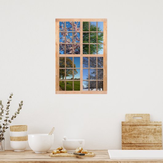 Poster Vue quatre saisons à partir d'une fenêtre (Cuisine)