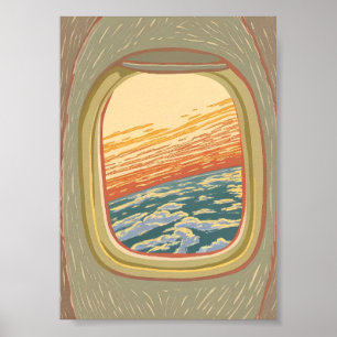 Poster Vue rétro de coucher de soleil à travers le hublot