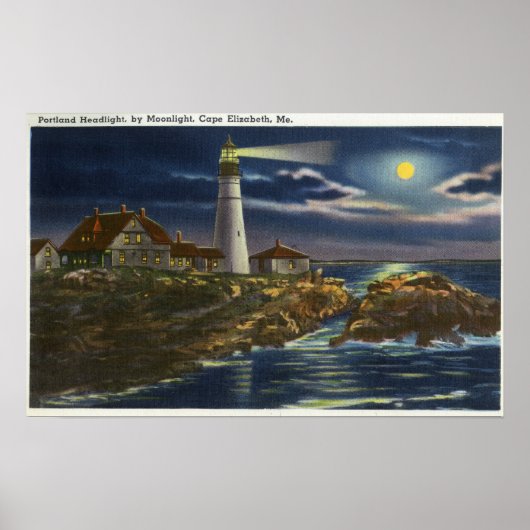 Poster Vue sur la lune du phare Portland Head (Devant)