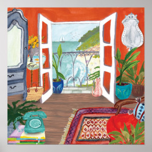 Poster Vue sur la mer Appartement intérieur aquarelle Art