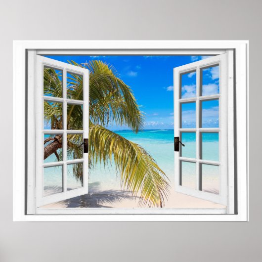 Poster Vue sur la plage de la fenêtre Palm Tree (Devant)