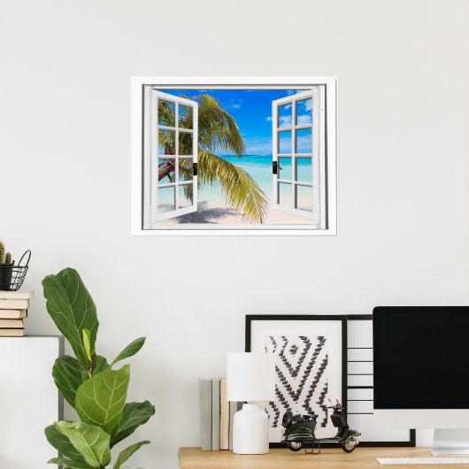 Poster Vue sur la plage de la fenêtre Palm Tree (Bureau à domicile)