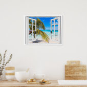 Poster Vue sur la plage de la fenêtre Palm Tree (Cuisine)