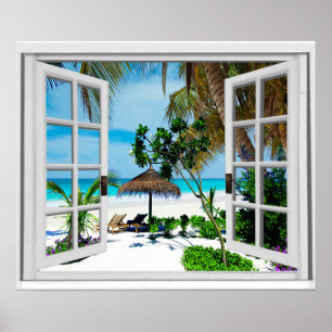 Poster Vue sur la plage et la fenêtre Ocean Faux