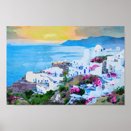 Poster Vue Sur Le Coucher De Soleil De Santorin Depuis Oi (Devant)