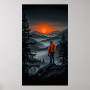 Poster Vue sur le coucher de soleil : la vue du randonneu
