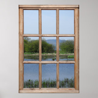 Poster Vue sur le lac et les collines depuis une fenêtre