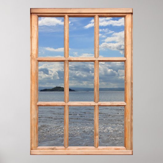 Poster Vue sur l'île et l'océan depuis une fenêtre (Devant)