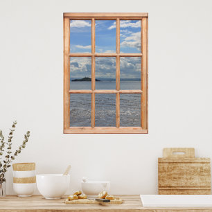 Poster Vue sur l'île et l'océan depuis une fenêtre