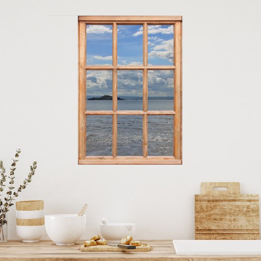 Poster Vue sur l'île et l'océan depuis une fenêtre (Cuisine)
