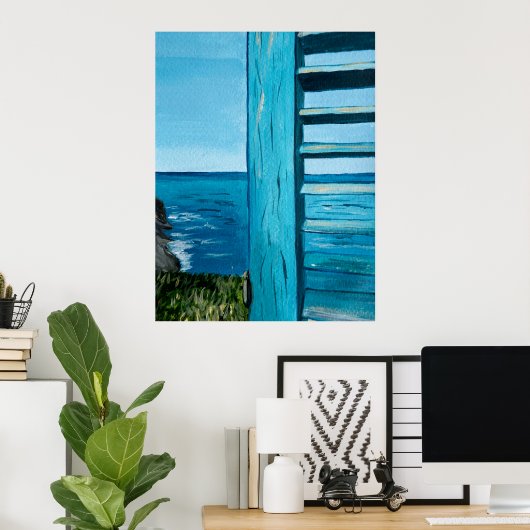 Poster Vue sur l'océan depuis la fenêtre | Turquoise, ble (Bureau à domicile)