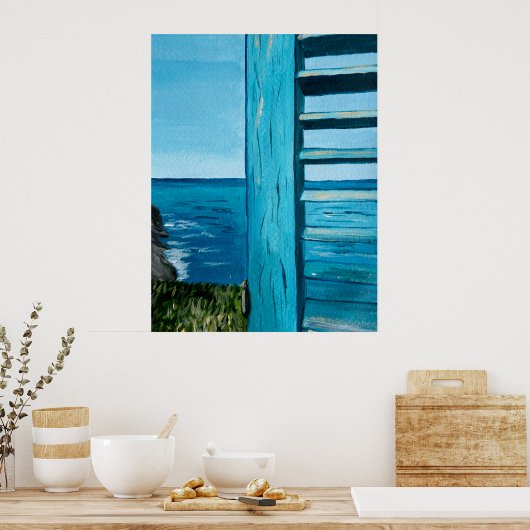 Poster Vue sur l'océan depuis la fenêtre | Turquoise, ble (Cuisine)