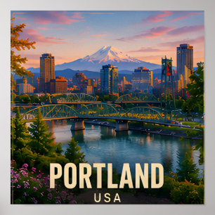 Poster Vues de la ville de Portland Oregon dans le Pacifi