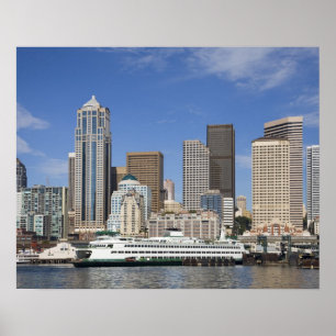 Poster WA, Seattle, ligne d'horizon de Seattle avec batea