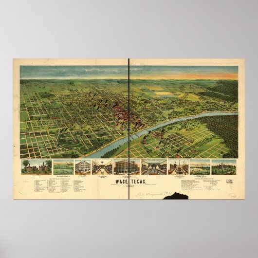Poster Waco Texas 1892 Carte panoramique antique (Devant)