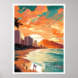 Poster Waikiki Hawaii Art illustration de voyage vintage