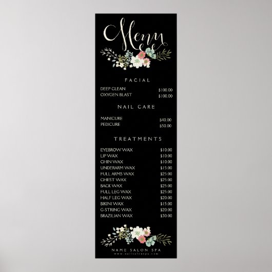 Poster Wall Imprimer Salon Spa Beauticier Menu Tarifs (Devant)