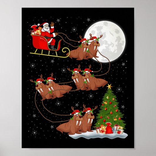 Poster Walrus Santa Sleigh Flying Funny Magical Christmas (Devant)
