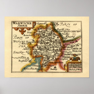 Poster Warwickshire Comté Angleterre Ancien Antiquaire Ca