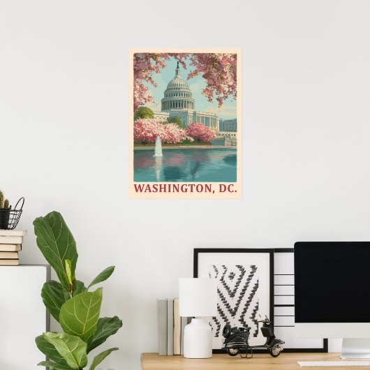 Poster Washington DC - Cherry Blossoms & Capitol Building (Bureau à domicile)