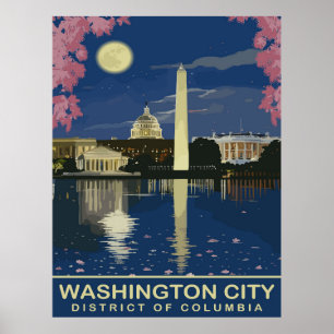 Poster Washington DC, reflets de l'eau la nuit, voyage