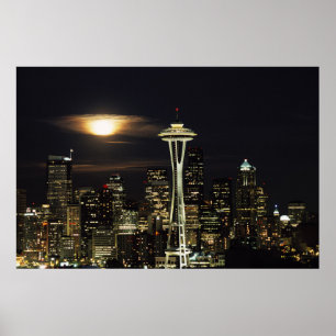 Poster Washington, Seattle, Skyline la nuit depuis Kerry