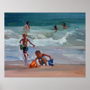 Poster Water Works - Children Playing at the Beach
