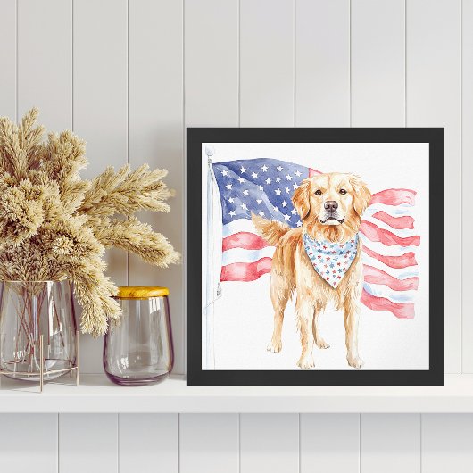 Poster Watercolor American Flag Carré de chien patriotiqu