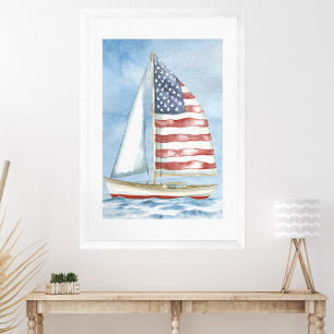 Poster Watercolor American Flag Patriotique Sailboat