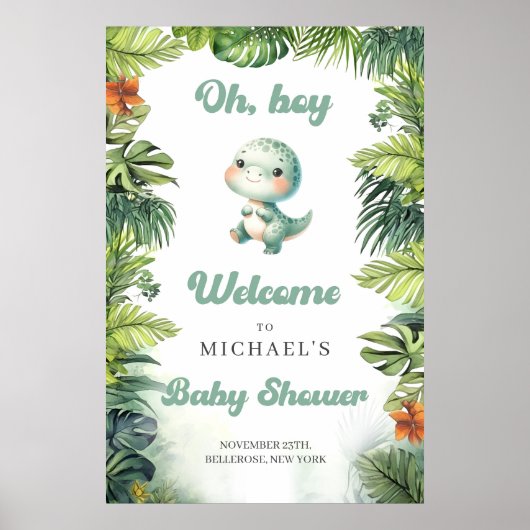 Poster Watercolor baby dinosaur retro groovy welcome (Devant)