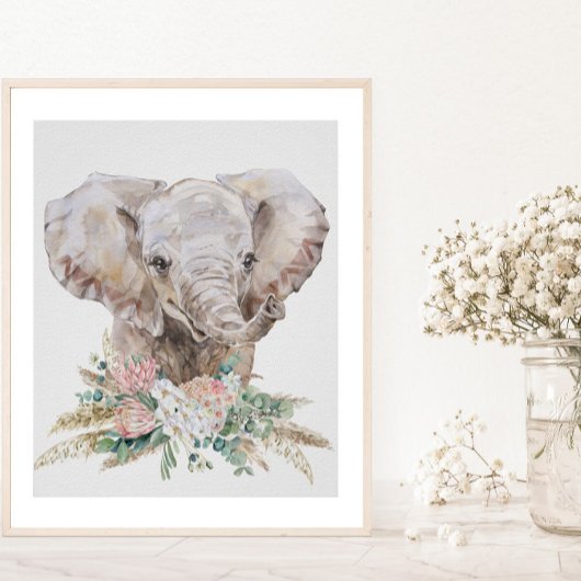 Poster Watercolor Baby Elephant Nursery Tropical Boho