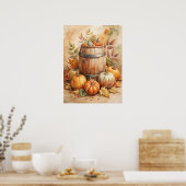 Poster Watercolor Barrel with Pumpkins Fall (Cuisine)