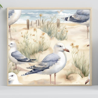 Poster Watercolor Beach Bird Scene