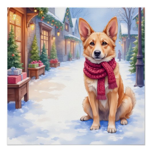 Poster Watercolor Berger Picard Village Square Christmas  (Devant)