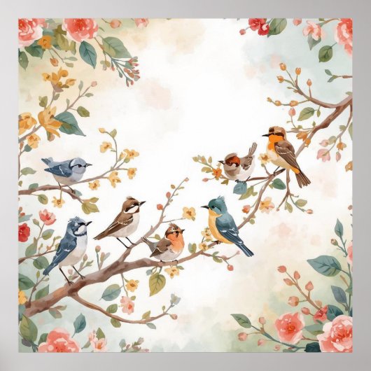 Poster Watercolor Birds in Bloom (Devant)