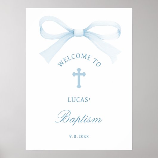 Poster Watercolor Blue Bow Baptism Welcome (Devant)