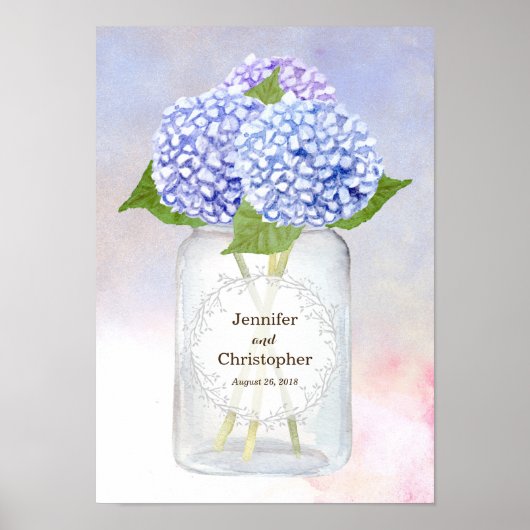 Poster Watercolor Blue Hydrangeas et Mason Jar Mariage (Devant)