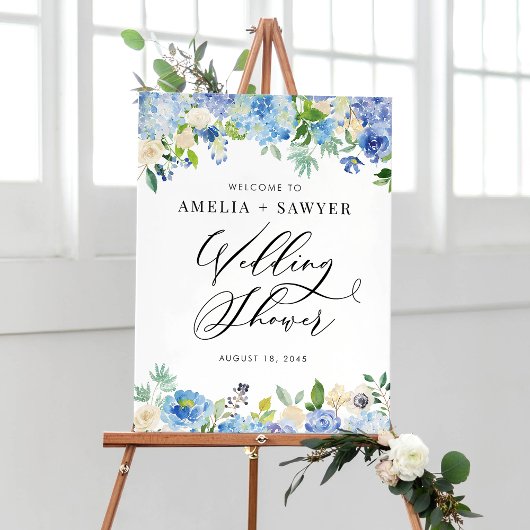 Poster Watercolor Blue Hydrangeas Wedding Shower Welcome