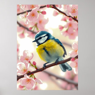 Poster Watercolor Blue Tit Bird on Apple Tree Spring Post