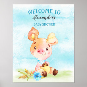 Poster Watercolor Boy Piggy Baby shower Farm